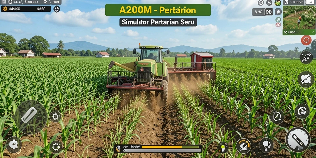 Tampilan gameplay A200M yang menampilkan ladang subur dan hewan ternak.