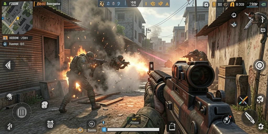 Tampilan gameplay menegangkan dalam FPS F200M dengan pertempuran intens.
