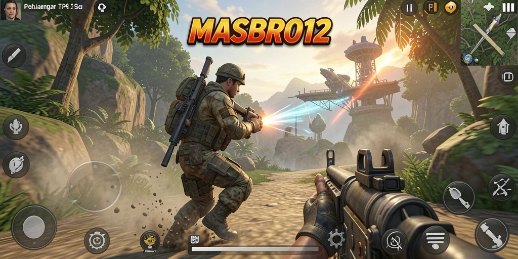 Screenshot gameplay MASBRO12 menampilkan aksi seru dalam pertempuran TPS.