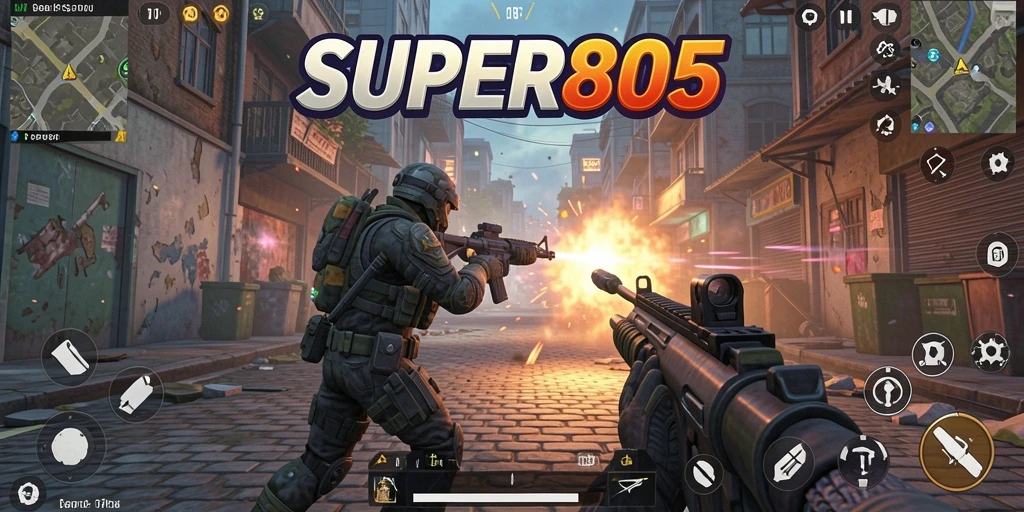 Screenshot SUPER805 menampilkan aksi pertempuran yang intens dan seru.